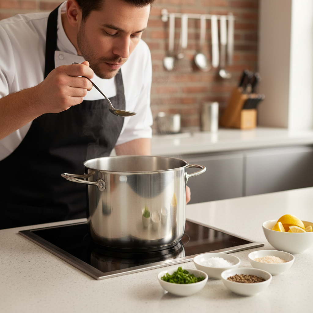 Cook tasting soup and adjusting seasoning with lemon, herbs, and salt