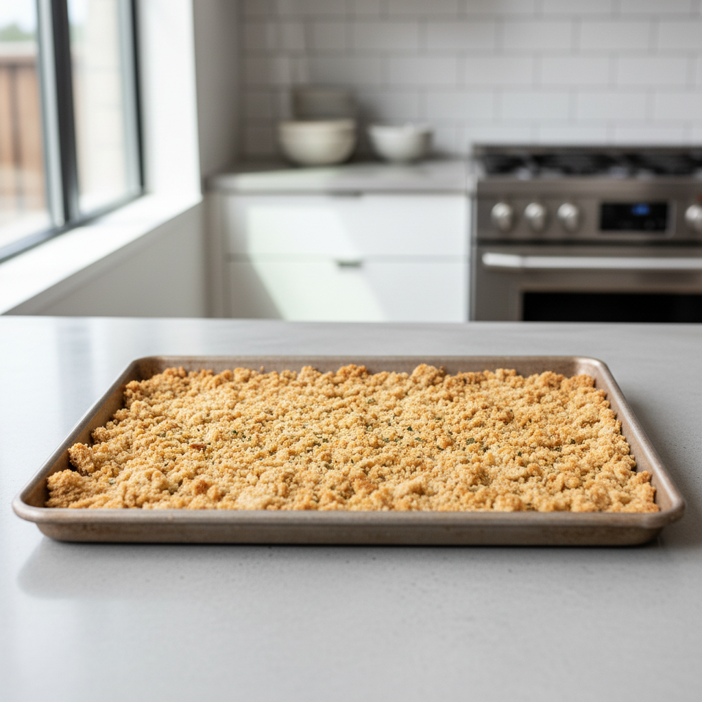 Fresh homemade bread crumbs on a baking sheet ready to dry