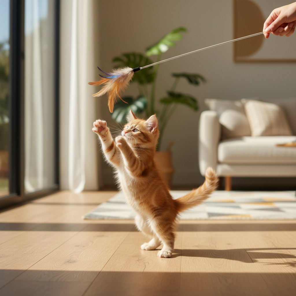 Kitten chasing a wand toy during indoor playtime exercise