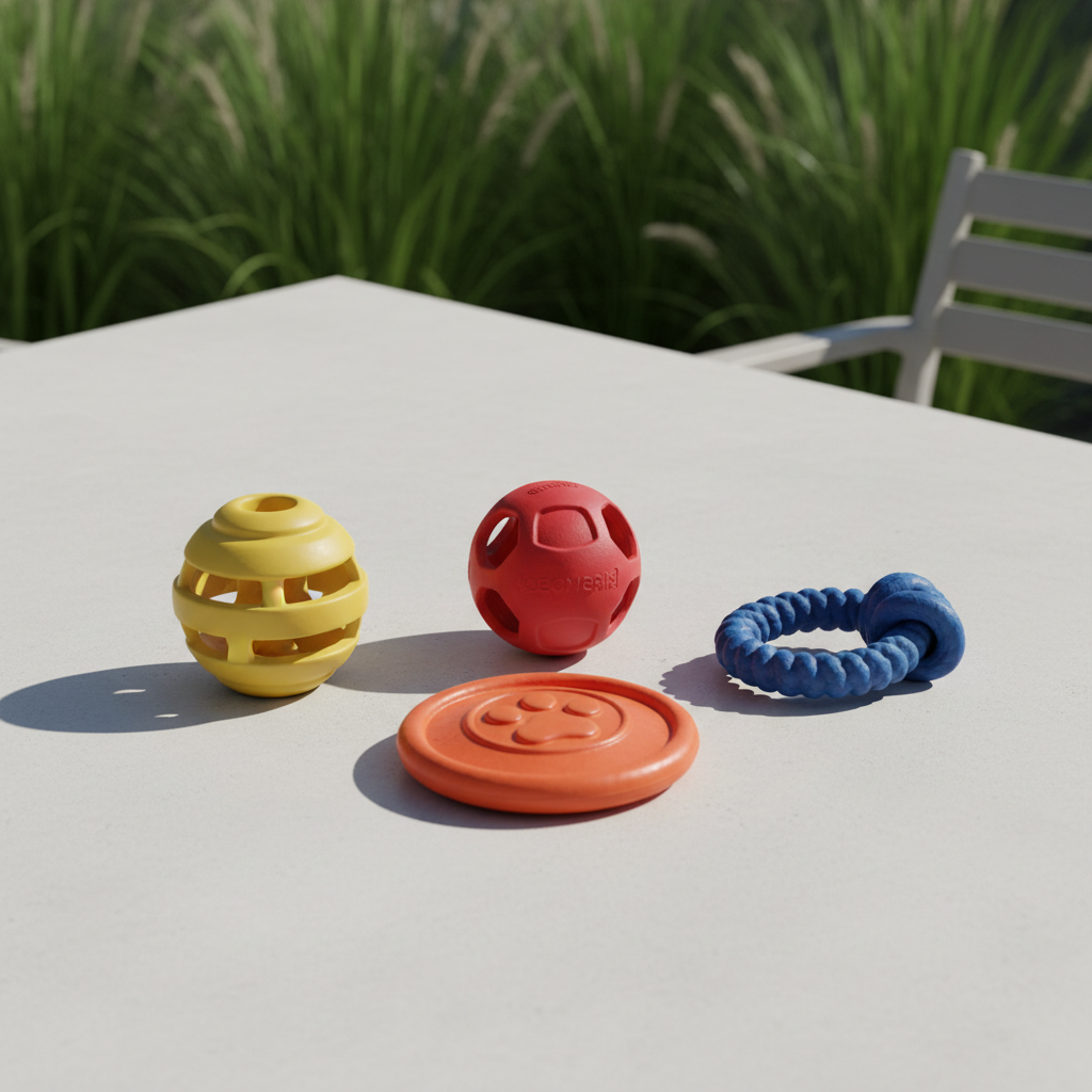 Comparison of durable outdoor dog toy types on a patio table