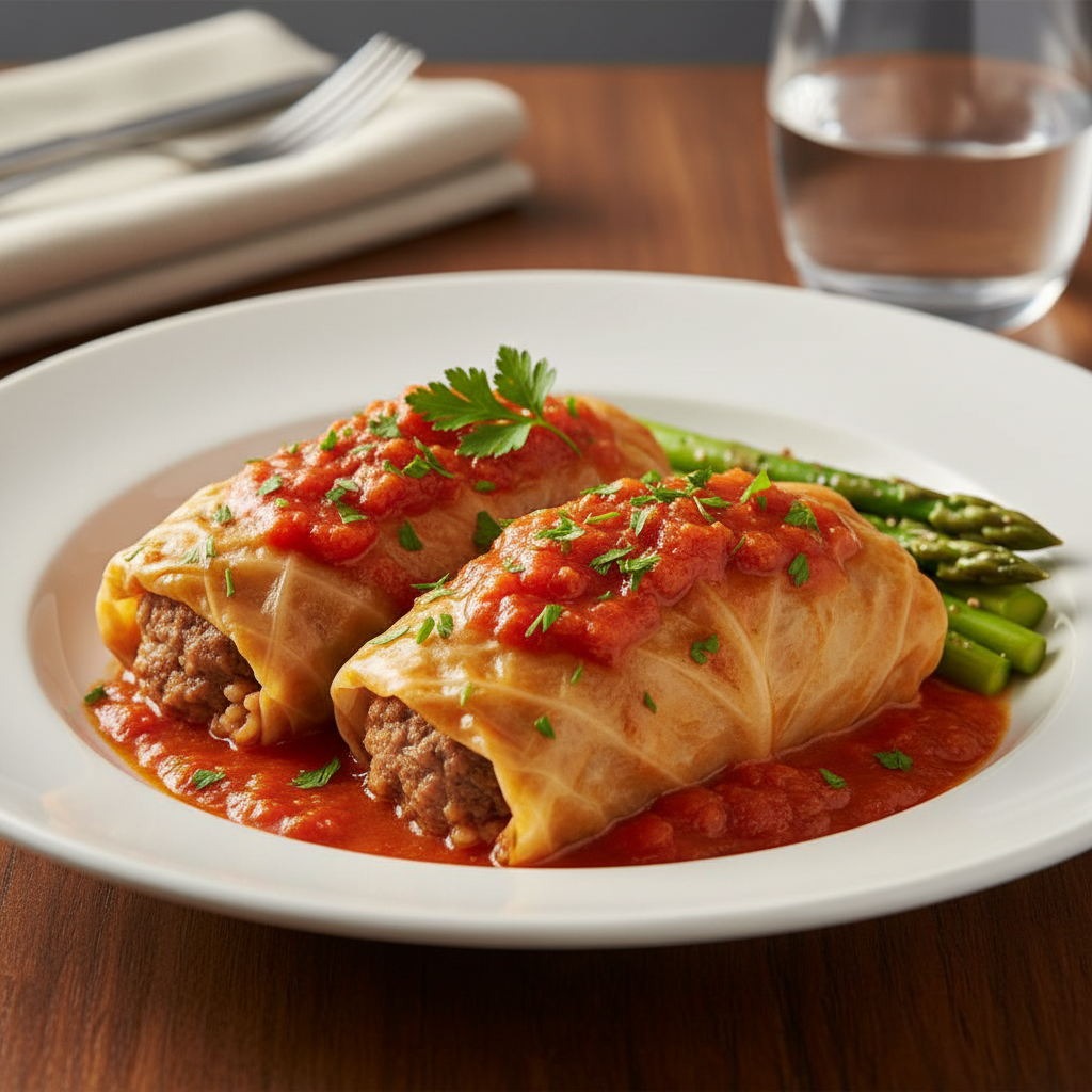 Plated beef and rice cabbage rolls with tomato sauce and herbs