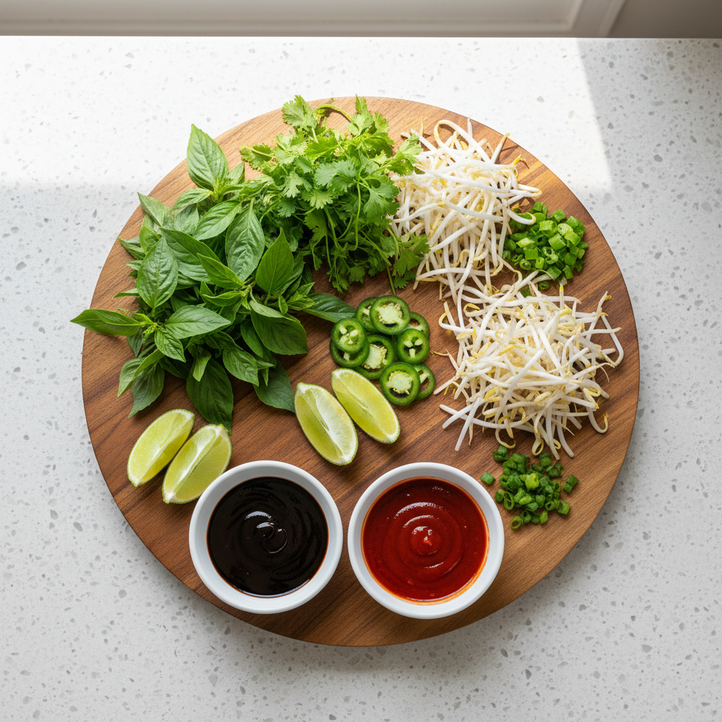 Pho topping board with Thai basil, cilantro, lime, jalapeno, and bean sprouts
