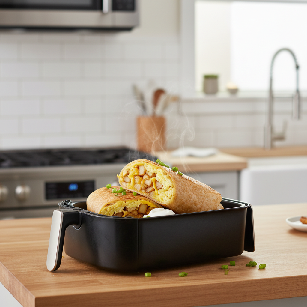 Reheating a frozen breakfast burrito in an air fryer basket