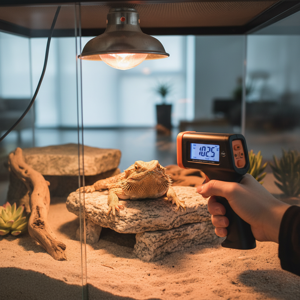 Using an infrared temperature gun to check basking surface for reptiles