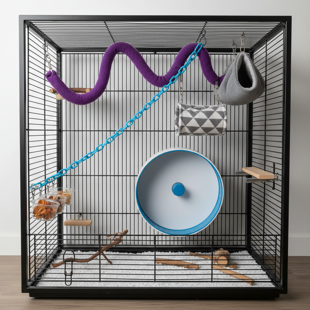 Sugar glider climbing route layout with fleece ropes and foraging station