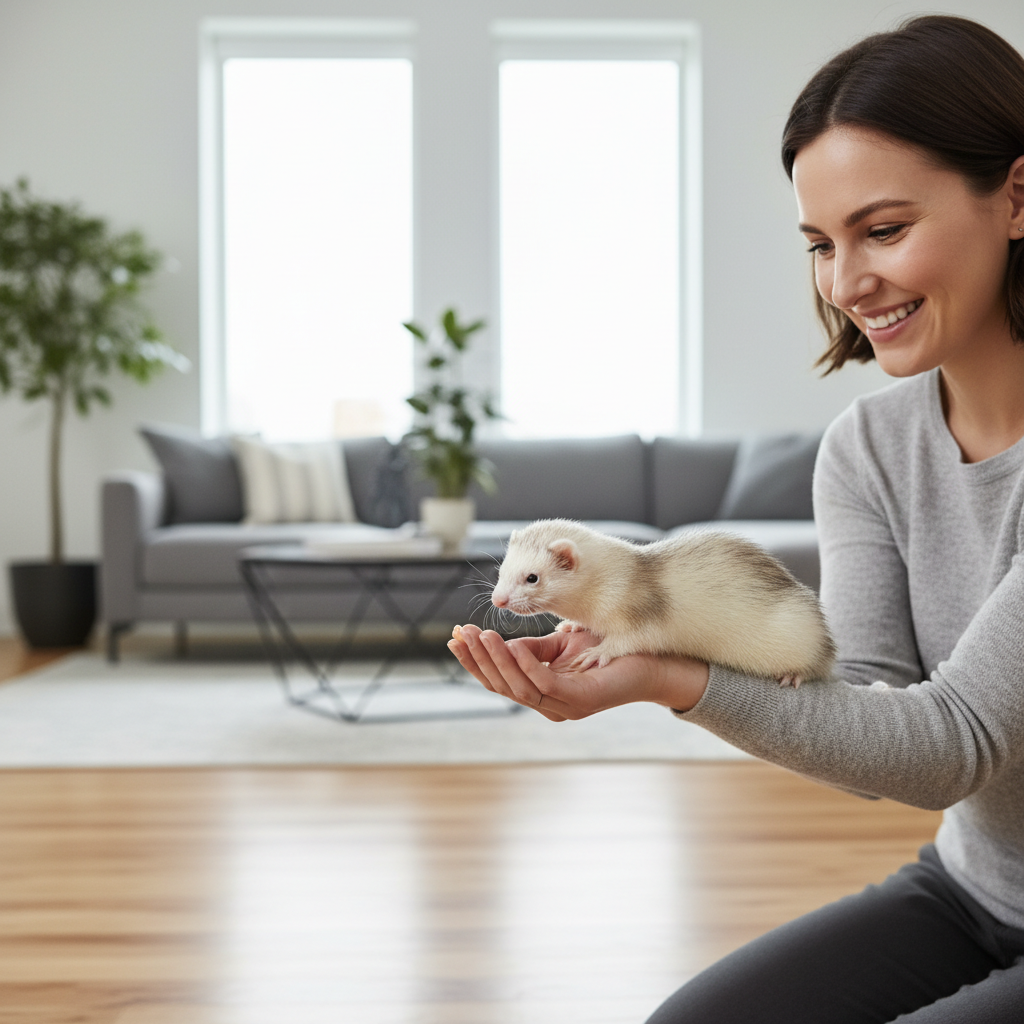 Owner using a small dab of chicken flavor treat stick to reward a ferret during training