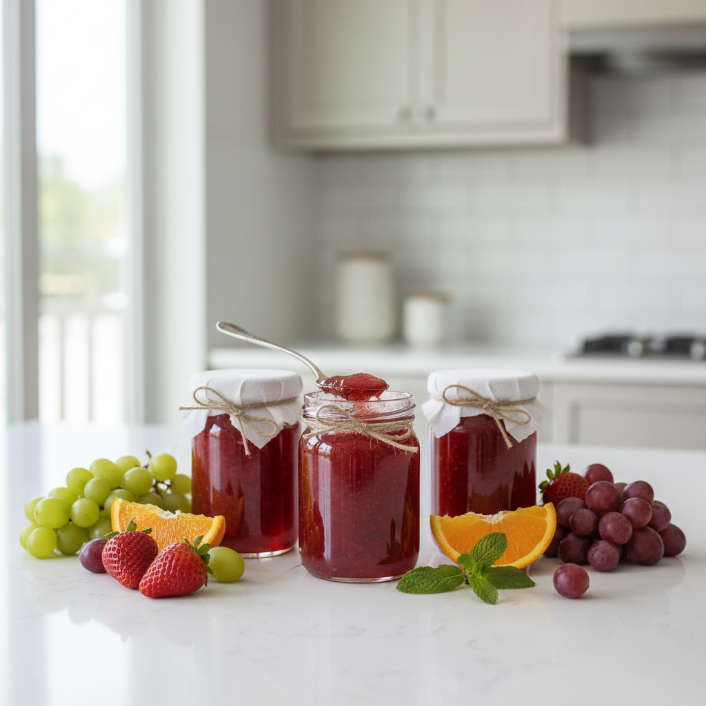 Homemade jelly in glass jars with fruit and spoon on kitchen counter