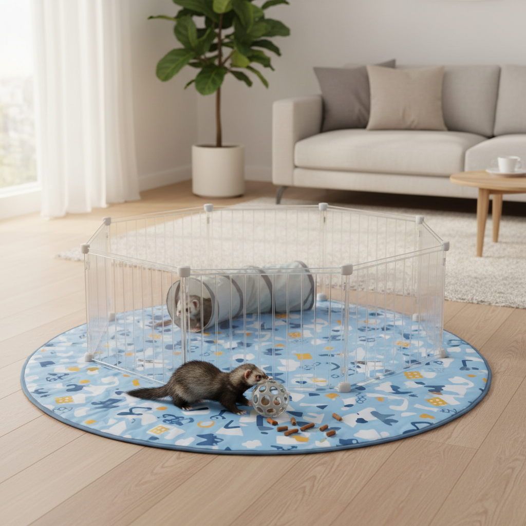 Ferret treat ball play in a safe pen setup with food mat