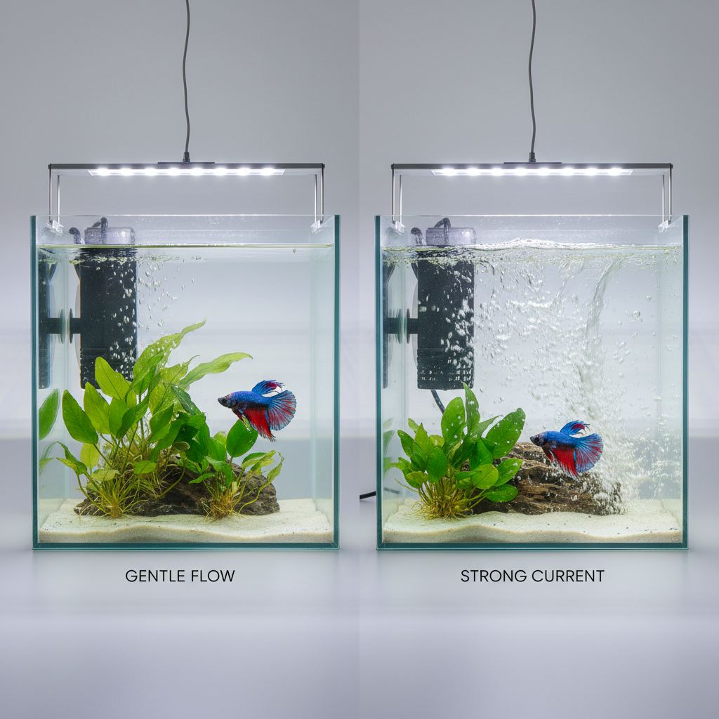Comparison of gentle vs strong aquarium filter flow for betta fish in a small tank
