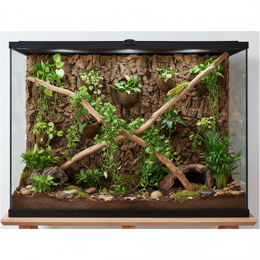 Bioactive lizard tank background with cork bark, planted pockets, and climbing branches