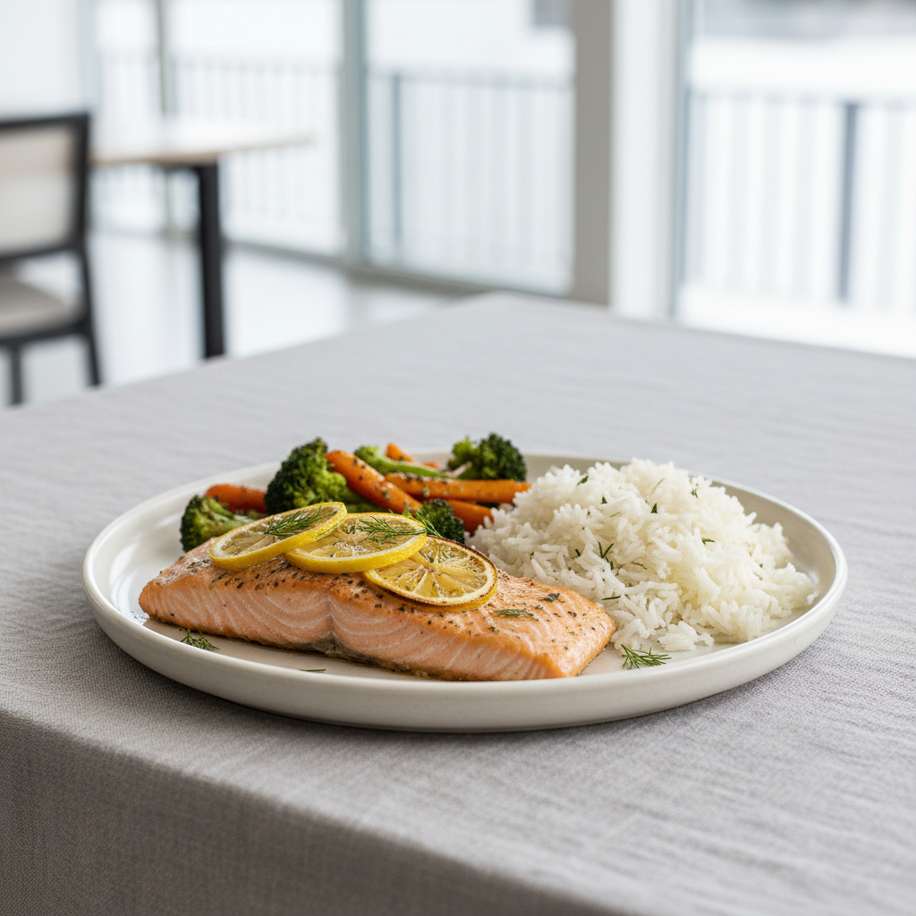 Healthy baked salmon dinner with lemon, rice, and roasted vegetables