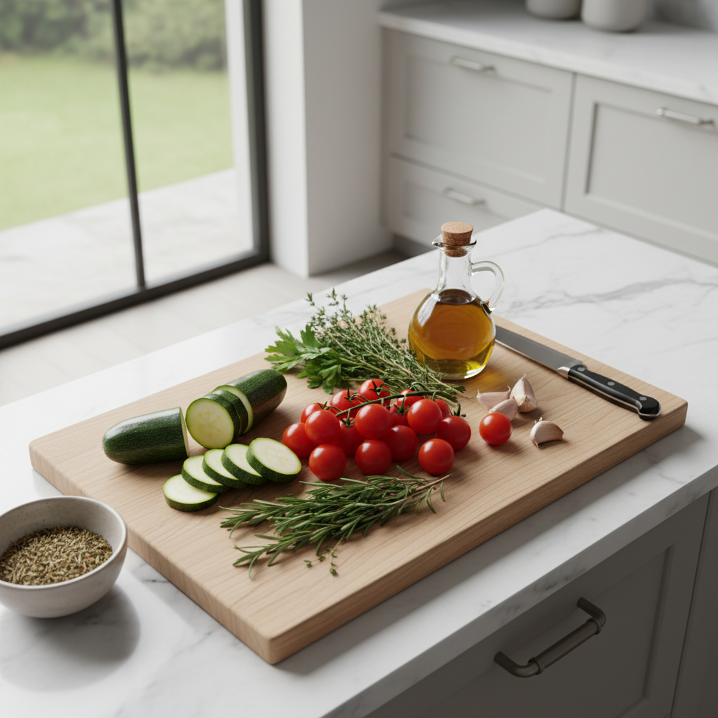 Healthy zucchini meal prep ingredients on a kitchen counter