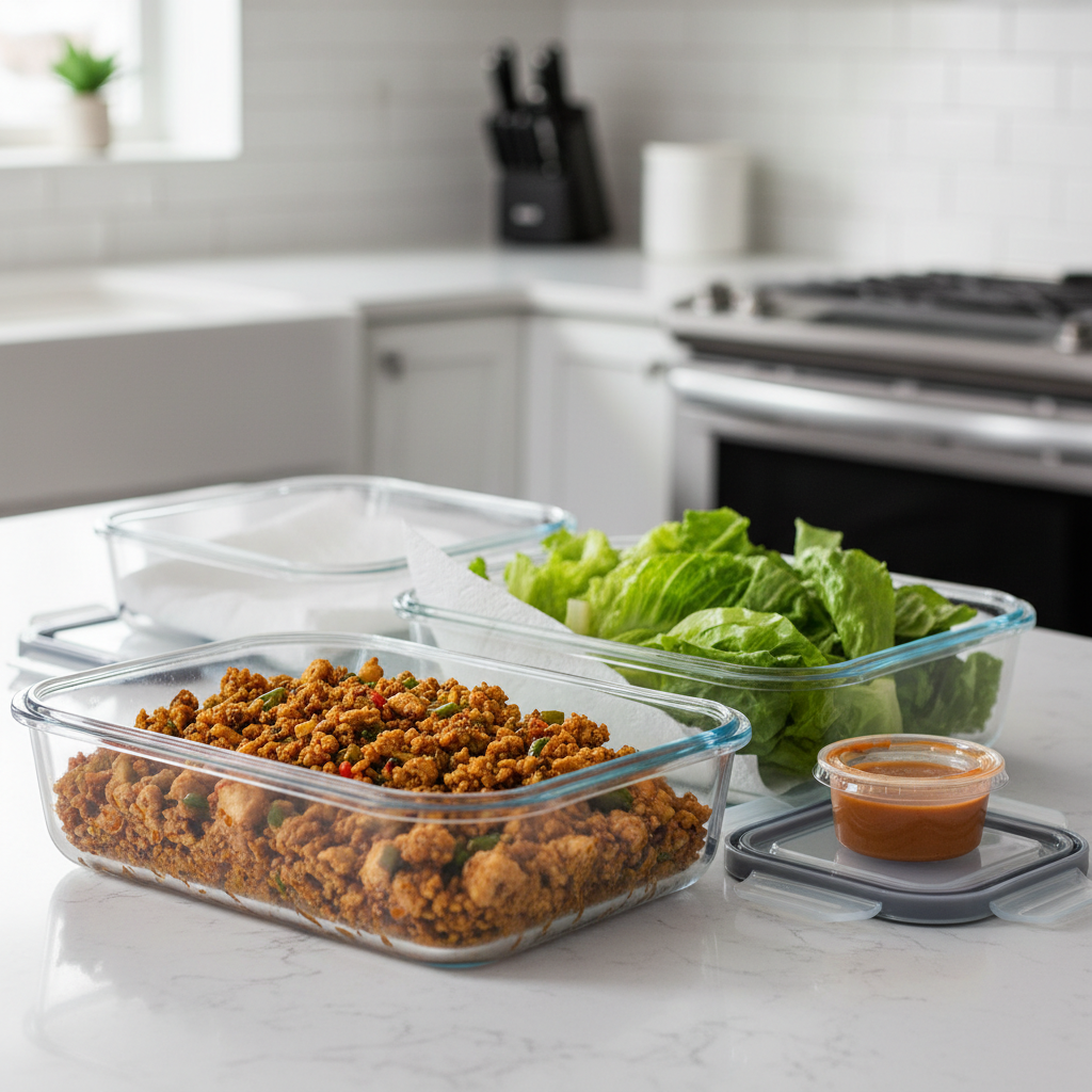 Meal prep containers with chicken lettuce wraps filling and washed lettuce leaves stored separately
