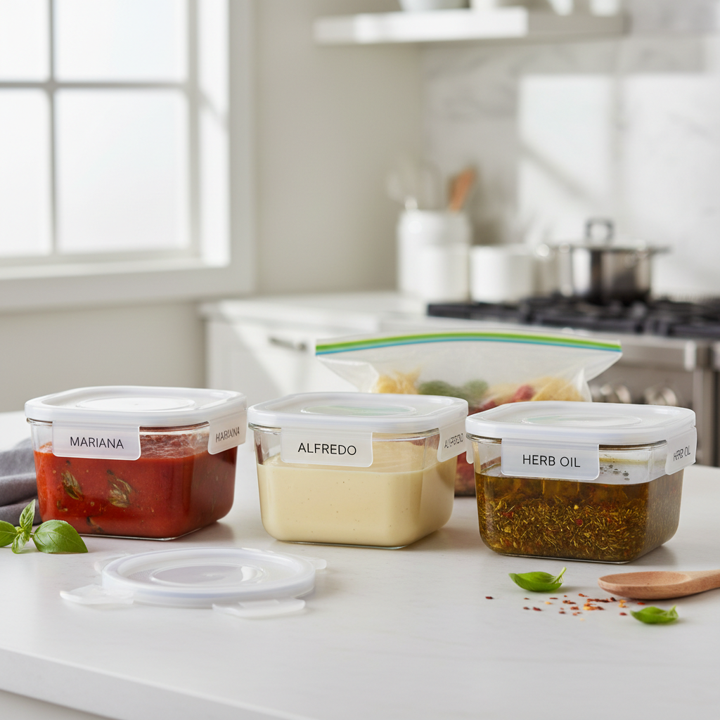 Meal prep containers with homemade pasta sauce portions for freezing