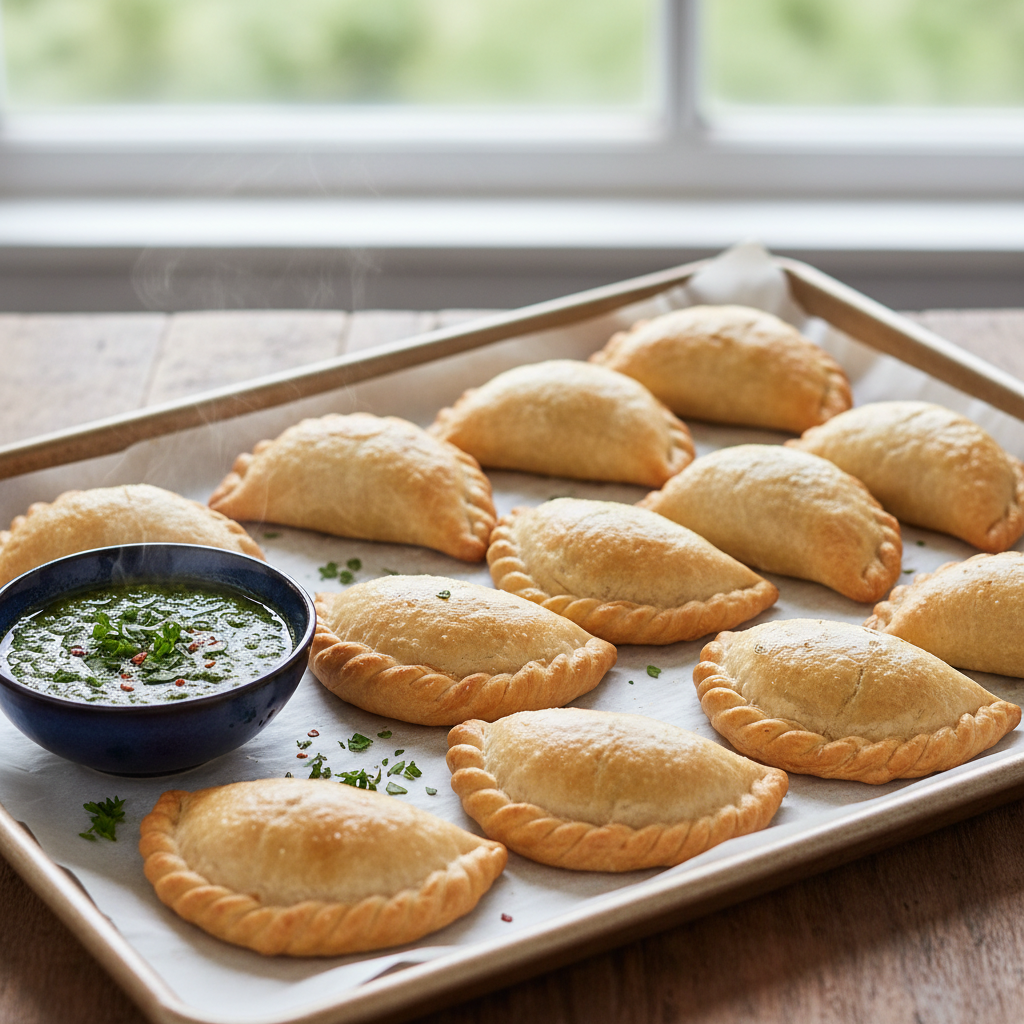 Golden baked argentinian empanadas on a tray with dipping sauce