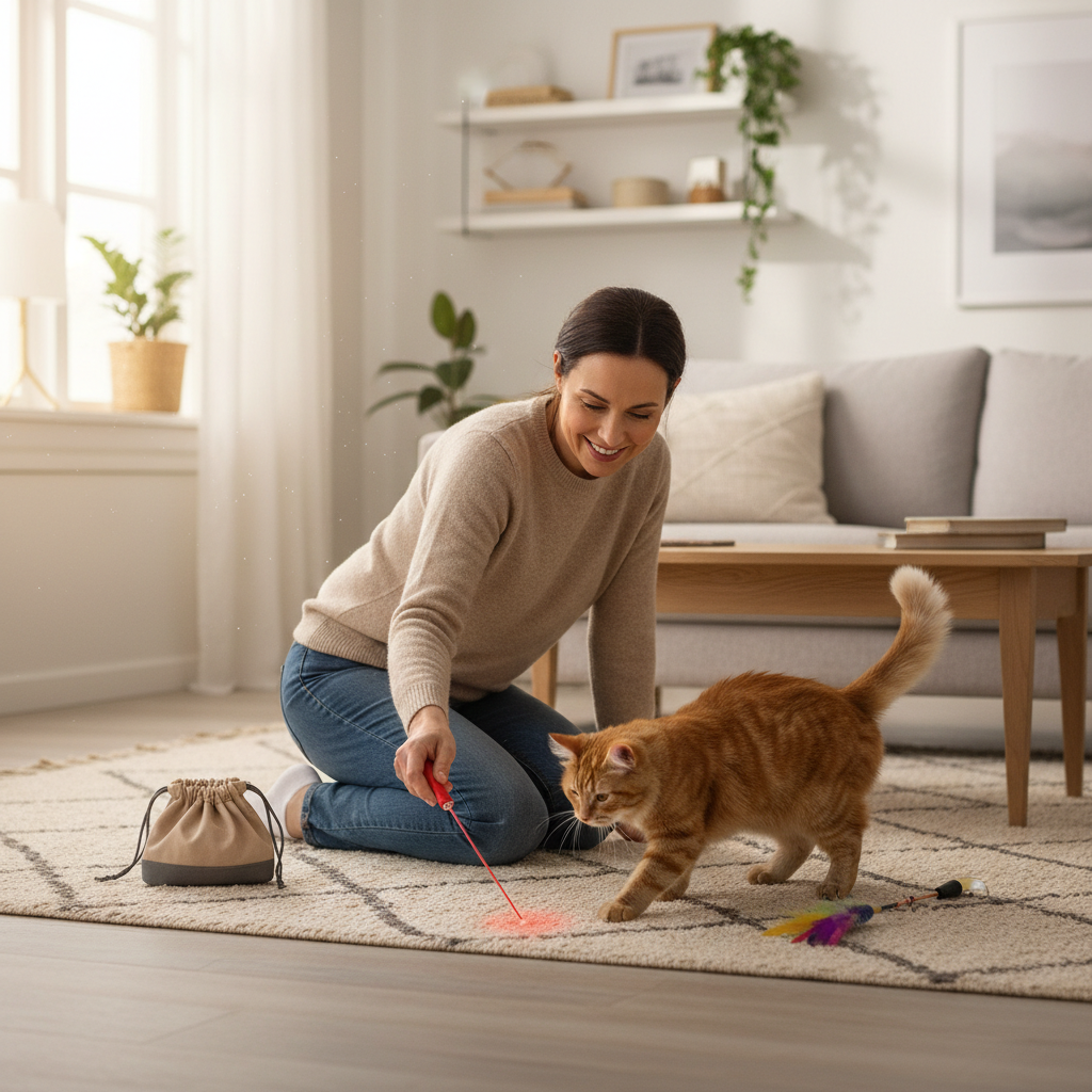 Pet owner planning a safe laser play routine for a cat with toy and treats