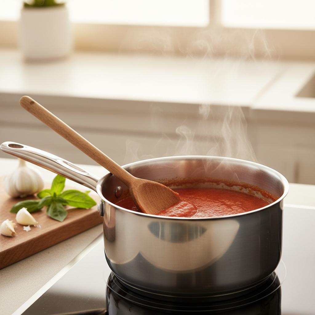 Simmering canned tomato marinara sauce in a saucepan with a wooden spoon