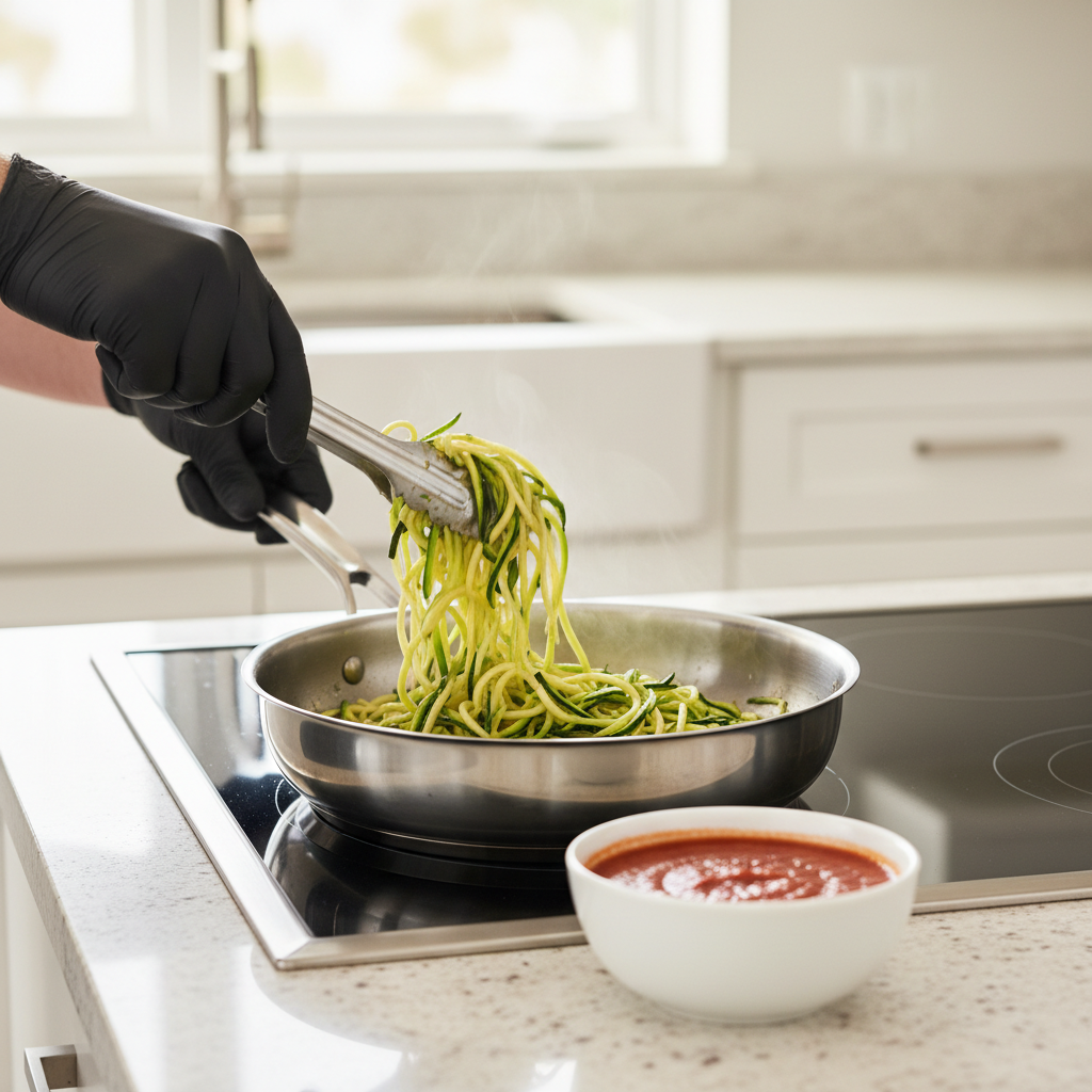 Cooking zucchini noodles quickly in a skillet to avoid sogginess