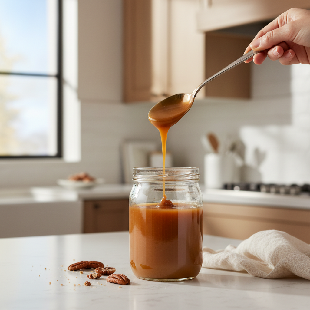 Smooth homemade caramel sauce in a glass jar on a kitchen counter