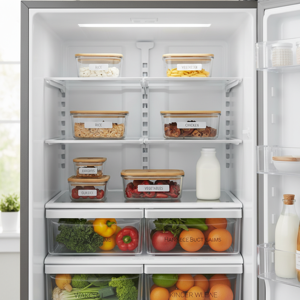 Organized fridge with labeled leftover containers ready for meal prep