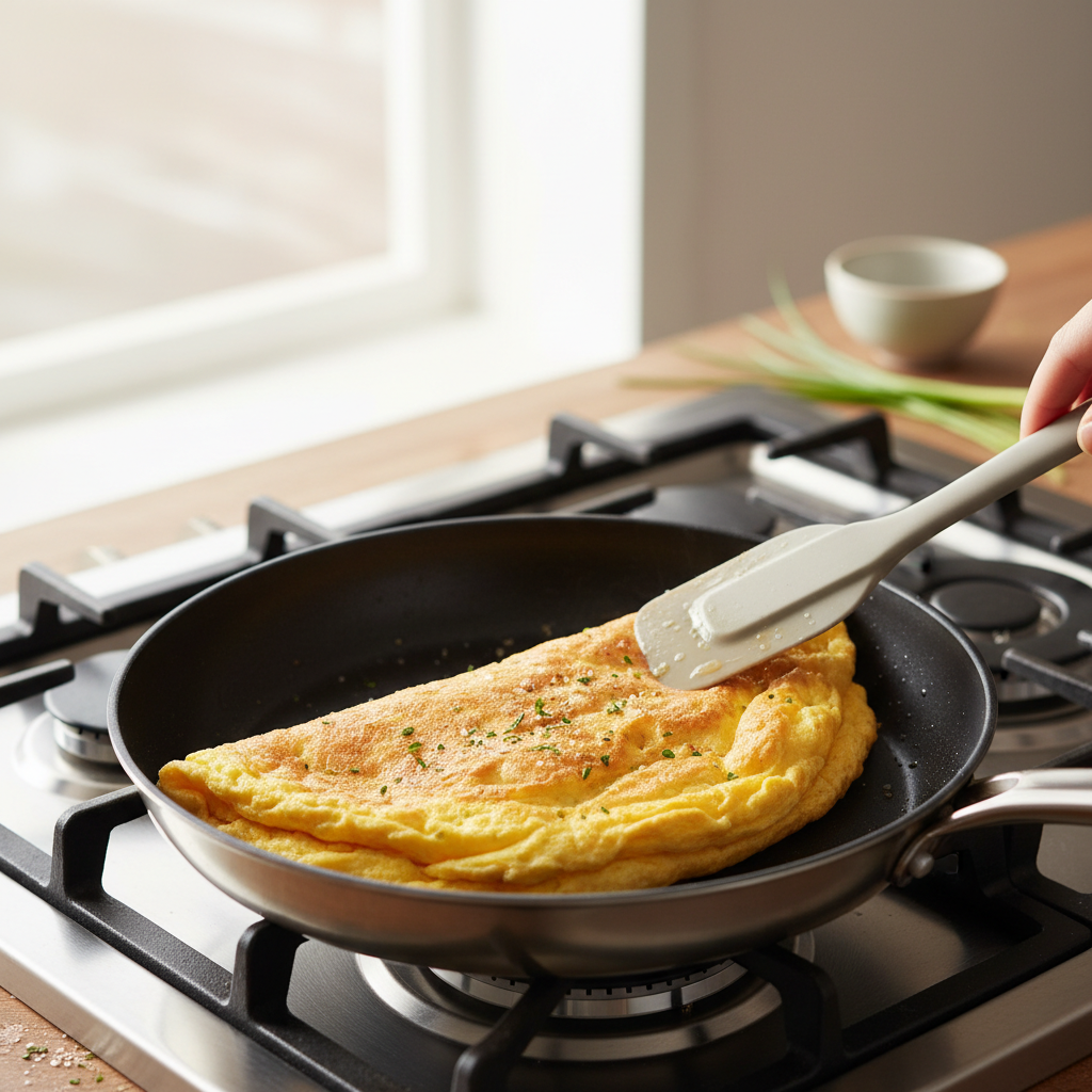 Fluffy omelette being folded in a nonstick skillet