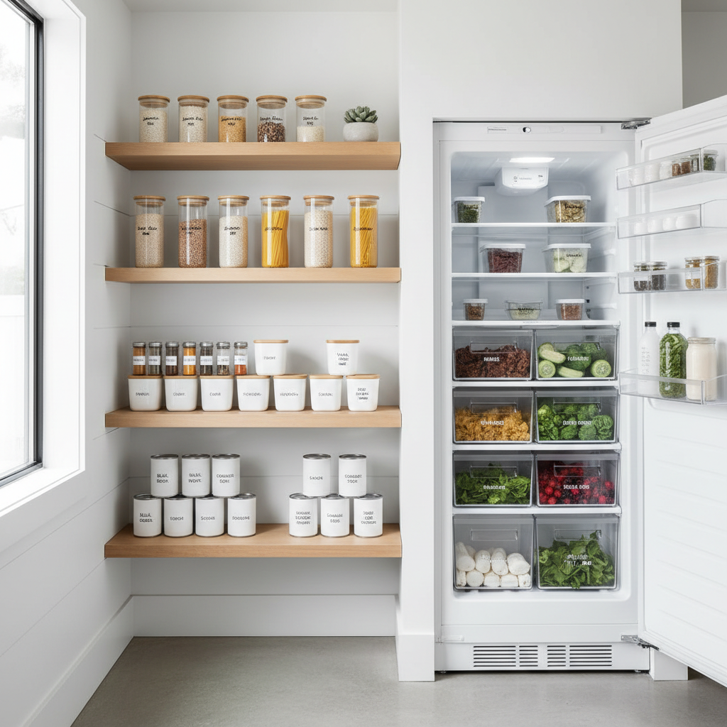 Organized pantry staples and freezer items for quick weeknight cooking