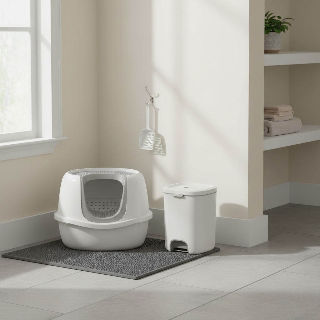 Clean litter area setup with sifting pan, litter mat, and sealed waste container for odor control