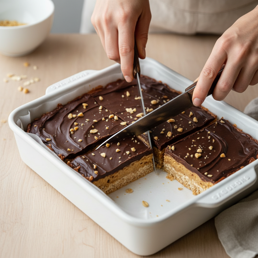 Slicing no bake chocolate peanut butter bars in a lined pan