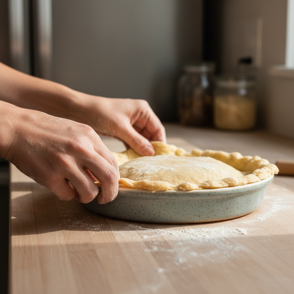 Hands crimping the edges of an apple pie crust before baking