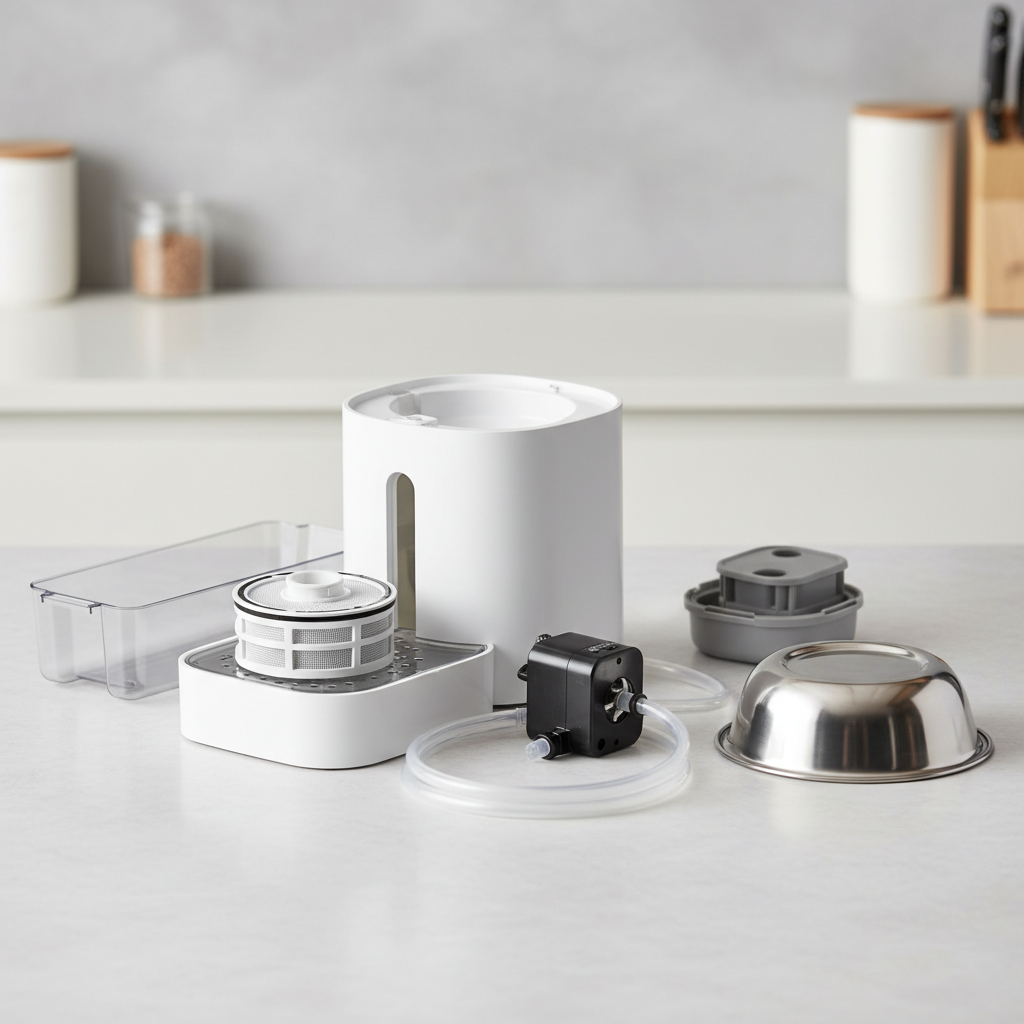 Close-up of pet fountain filter and pump components for cleaning