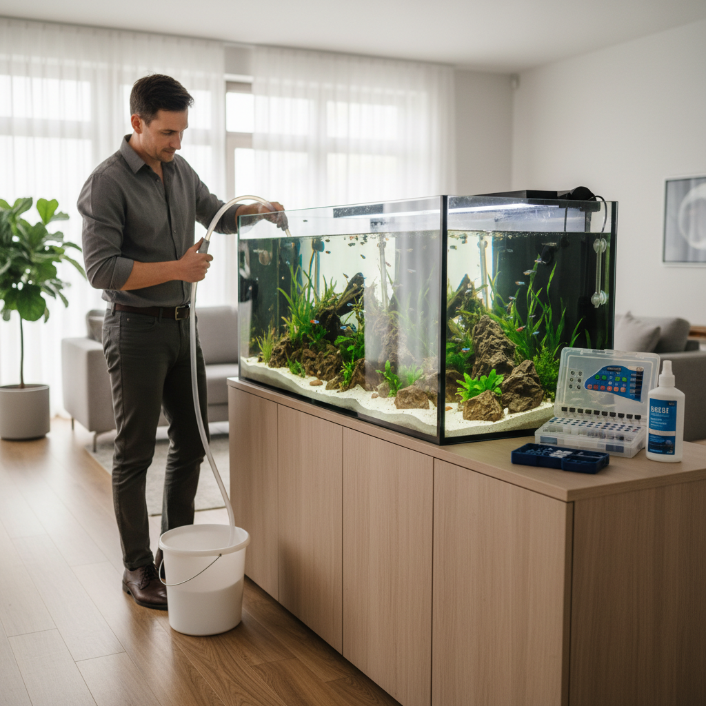 Aquarium maintenance with water change and water testing supplies