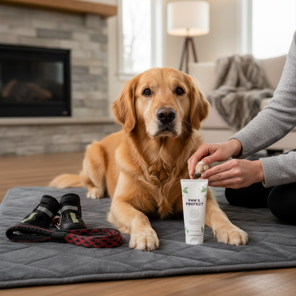 Applying paw balm and using dog booties for outdoor protection in winter