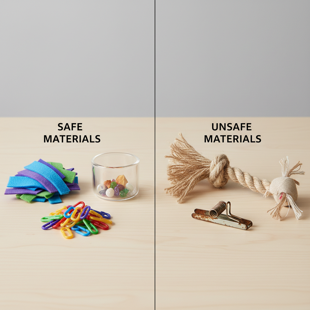Close-up of safe vs unsafe sugar glider toy materials