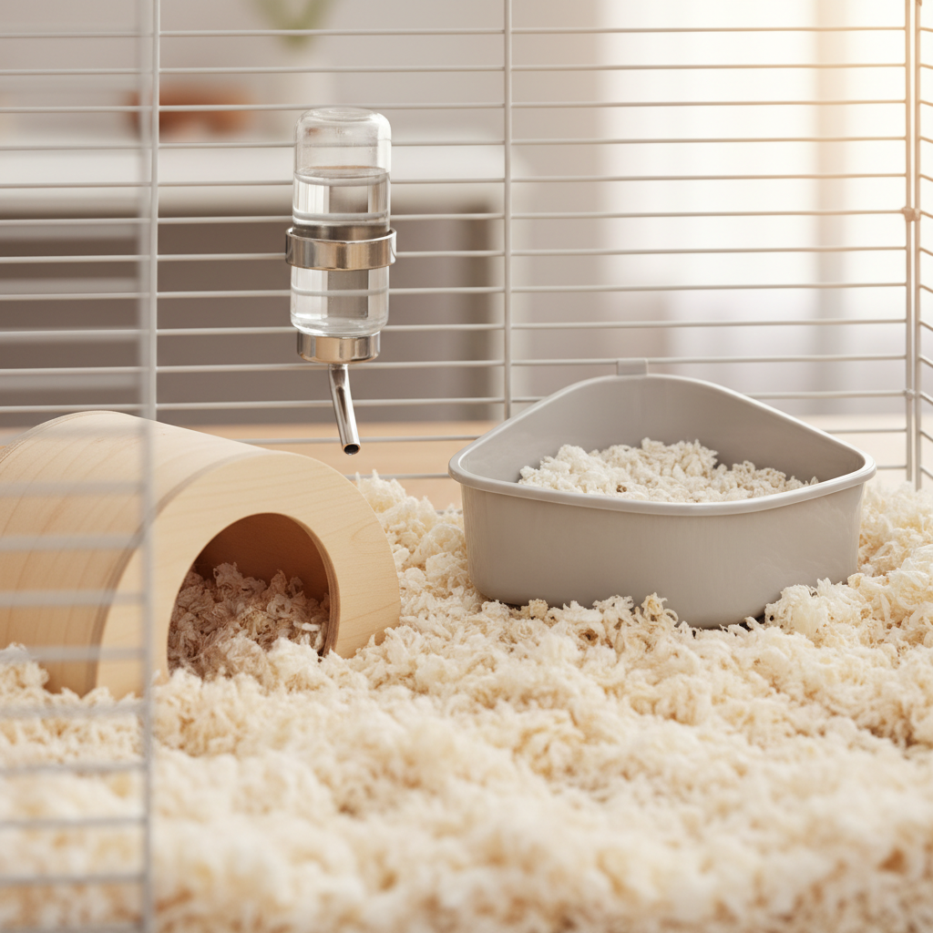 Small corner litter box placed in a hamster cage corner with bedding and water bottle