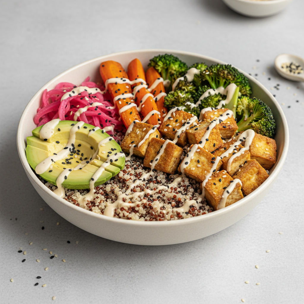 Vegetarian grain bowl with tofu, roasted vegetables, and tahini sauce