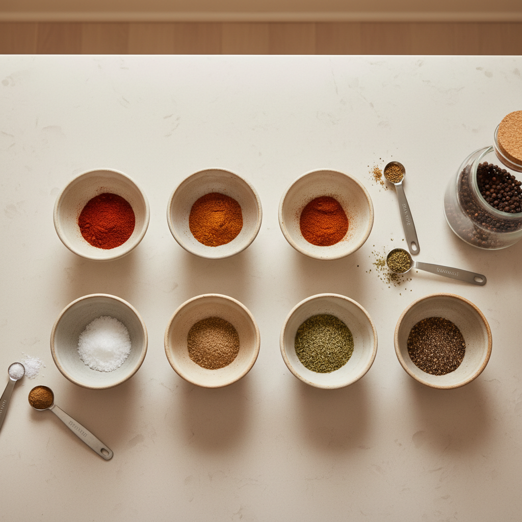 Homemade taco seasoning ingredients in small bowls on a kitchen counter