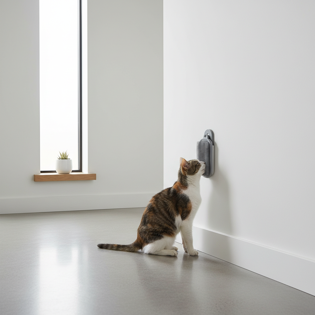 Wall brush mounted at cat cheek height on a hallway corner