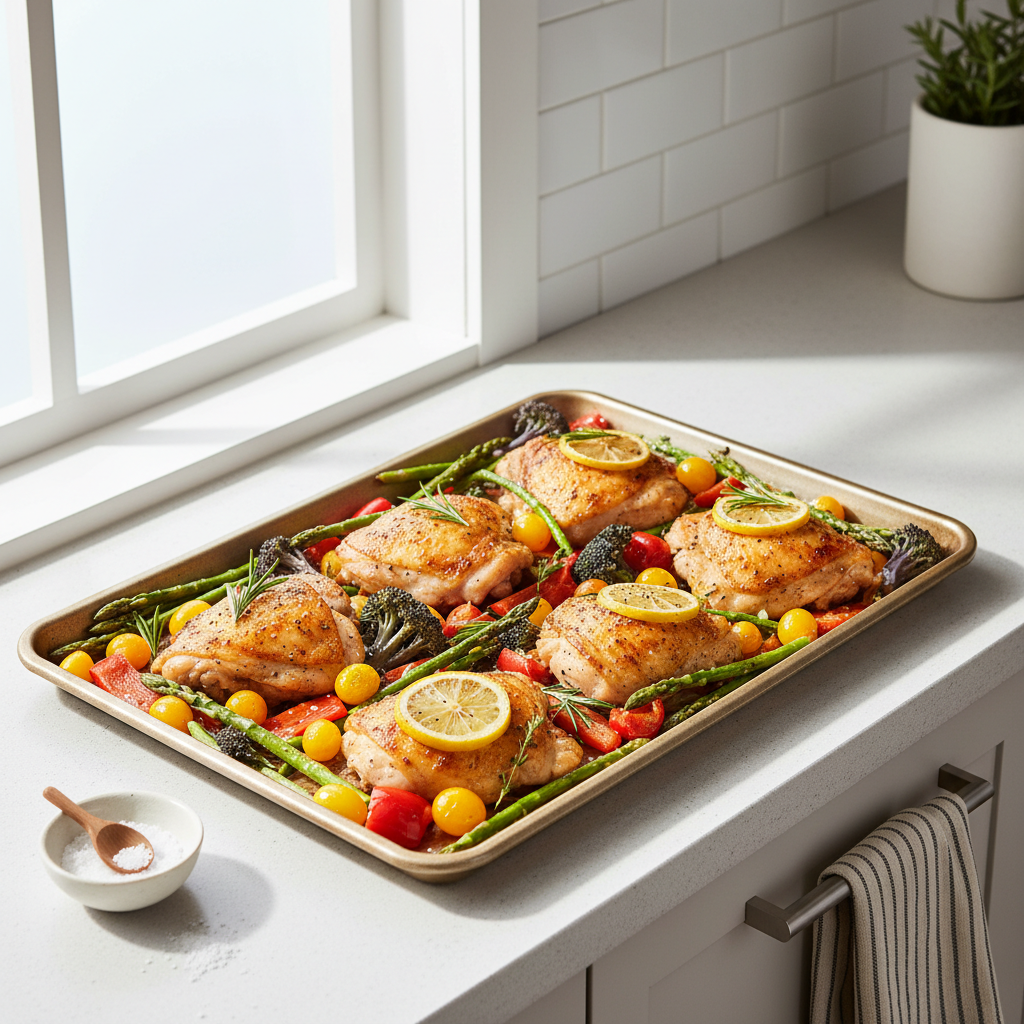 Healthy one pan dinner ingredients on a sheet pan ready to roast