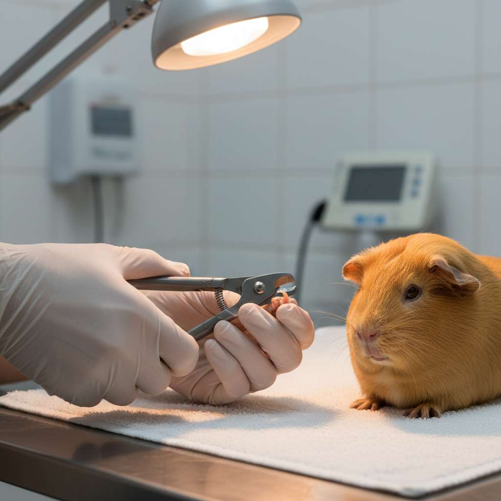 Proper angled cut on guinea pig nail with small clipper under bright light
