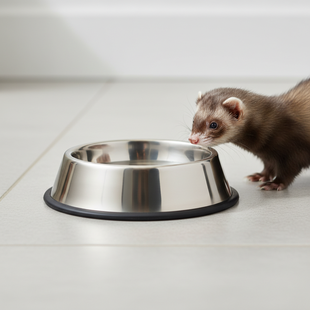 Non slip stainless steel ferret water bowl on tile floor
