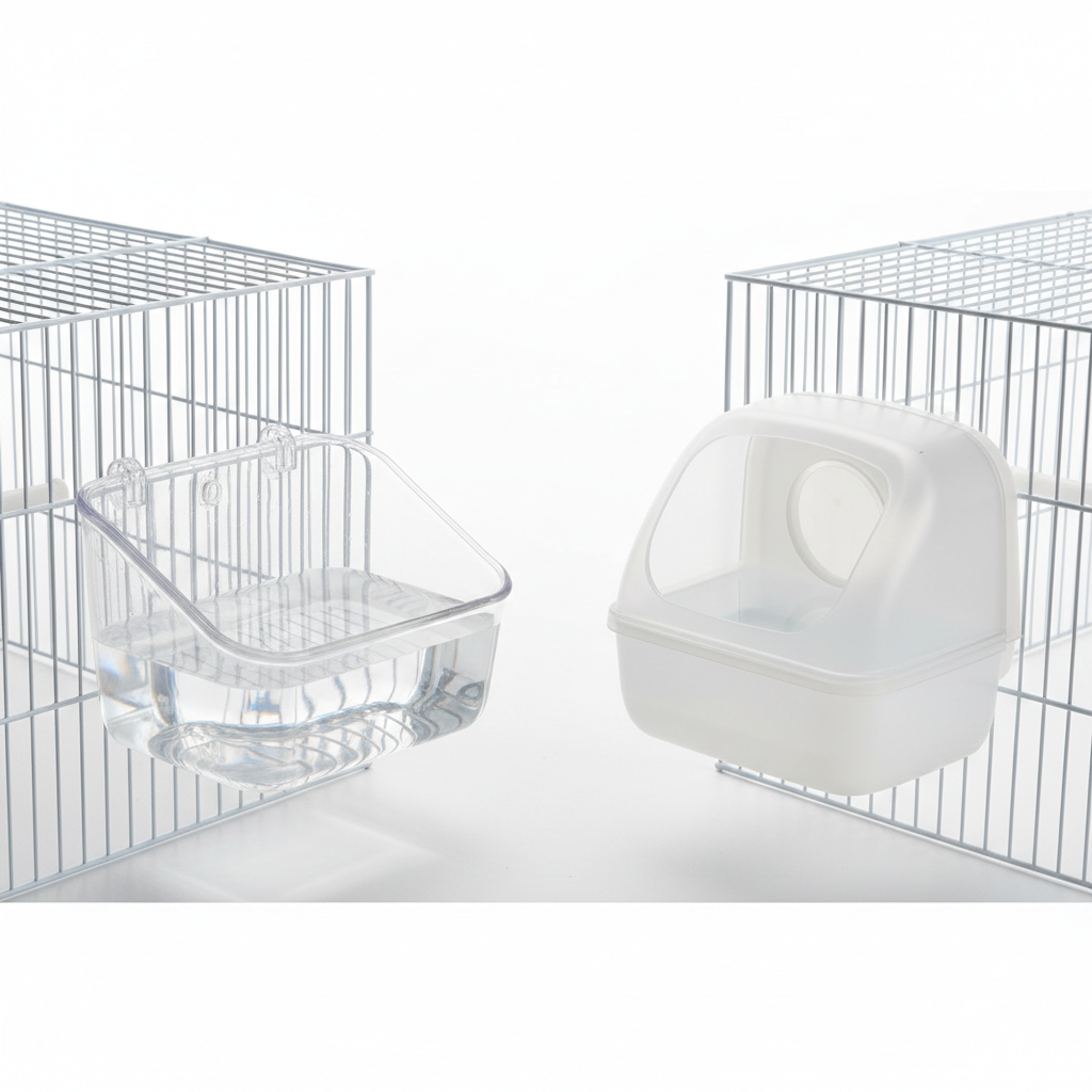 Comparison of clip-on tub and enclosed bath box for small bird cages