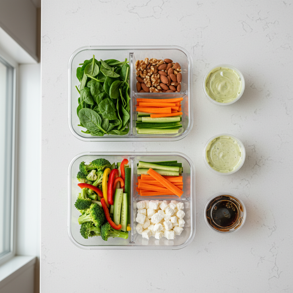 Meal prep containers with spinach salad components separated