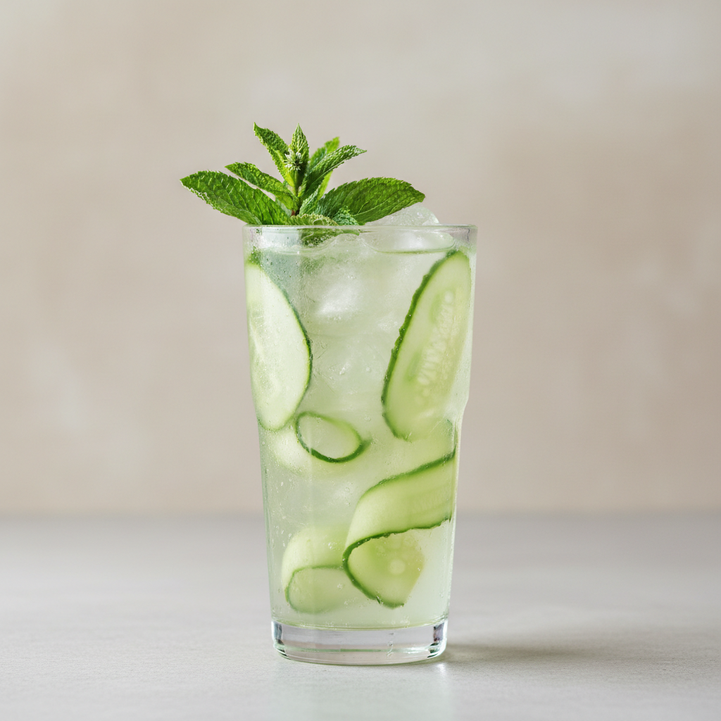 Cucumber mint cooler in a tall glass with ice and mint garnish