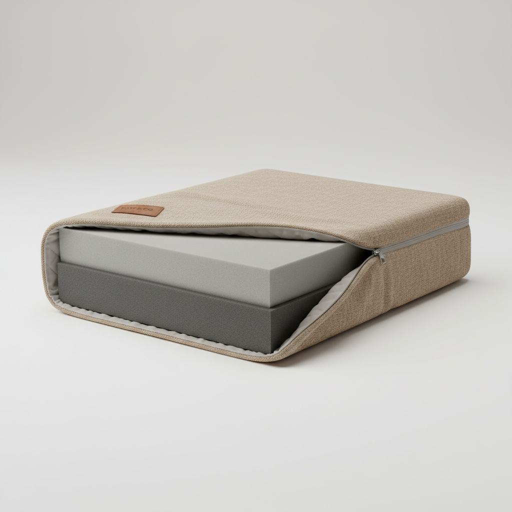 Cross-section of an orthopedic cat bed showing layered foam and washable cover