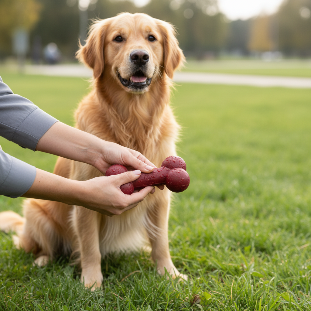 Owner inspecting a durable rubber dog toy for cracks after outdoor play