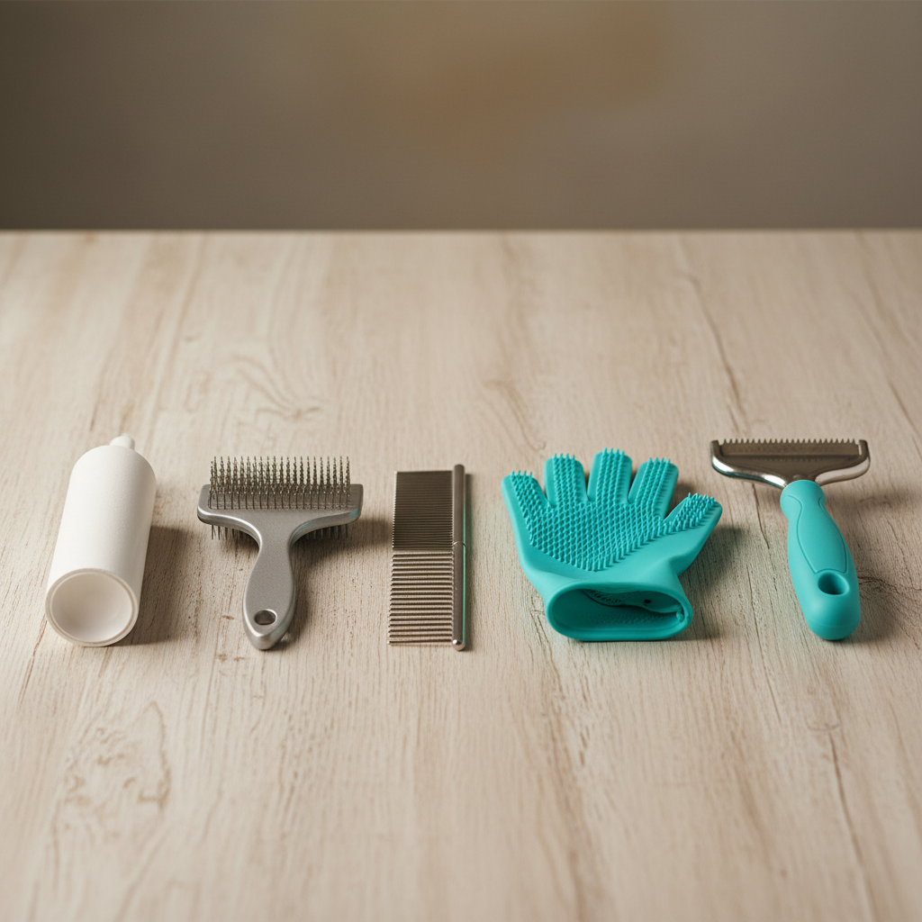 Deshedding tools for cats: slicker brush, comb, rubber grooming glove