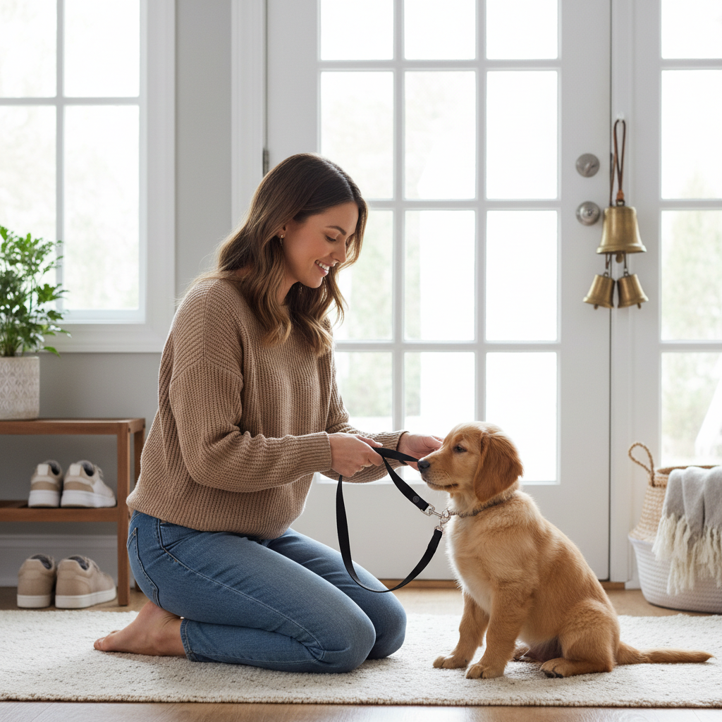 Owner taking puppy out on leash right after bell rings to prevent false alarms