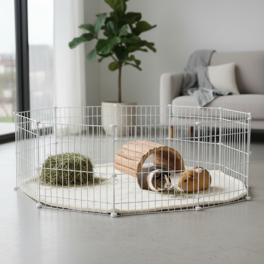 Foldable guinea pig play yard fence set up on a living room floor with hay station and hideout