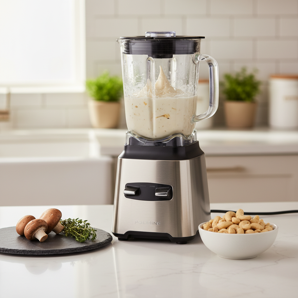 Blender making cashew cream for dairy-free mushroom soup