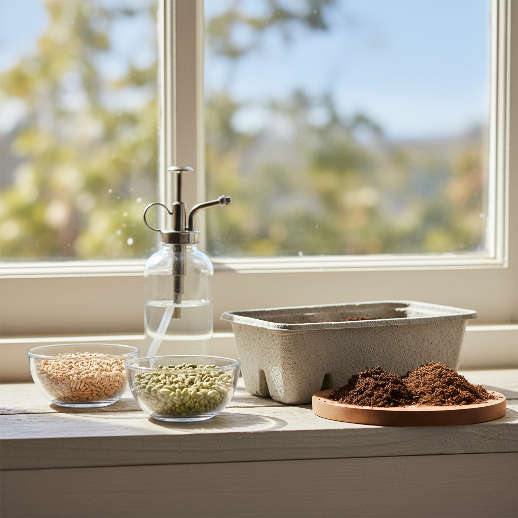 Organic cat grass seeds and simple growing supplies on a clean countertop